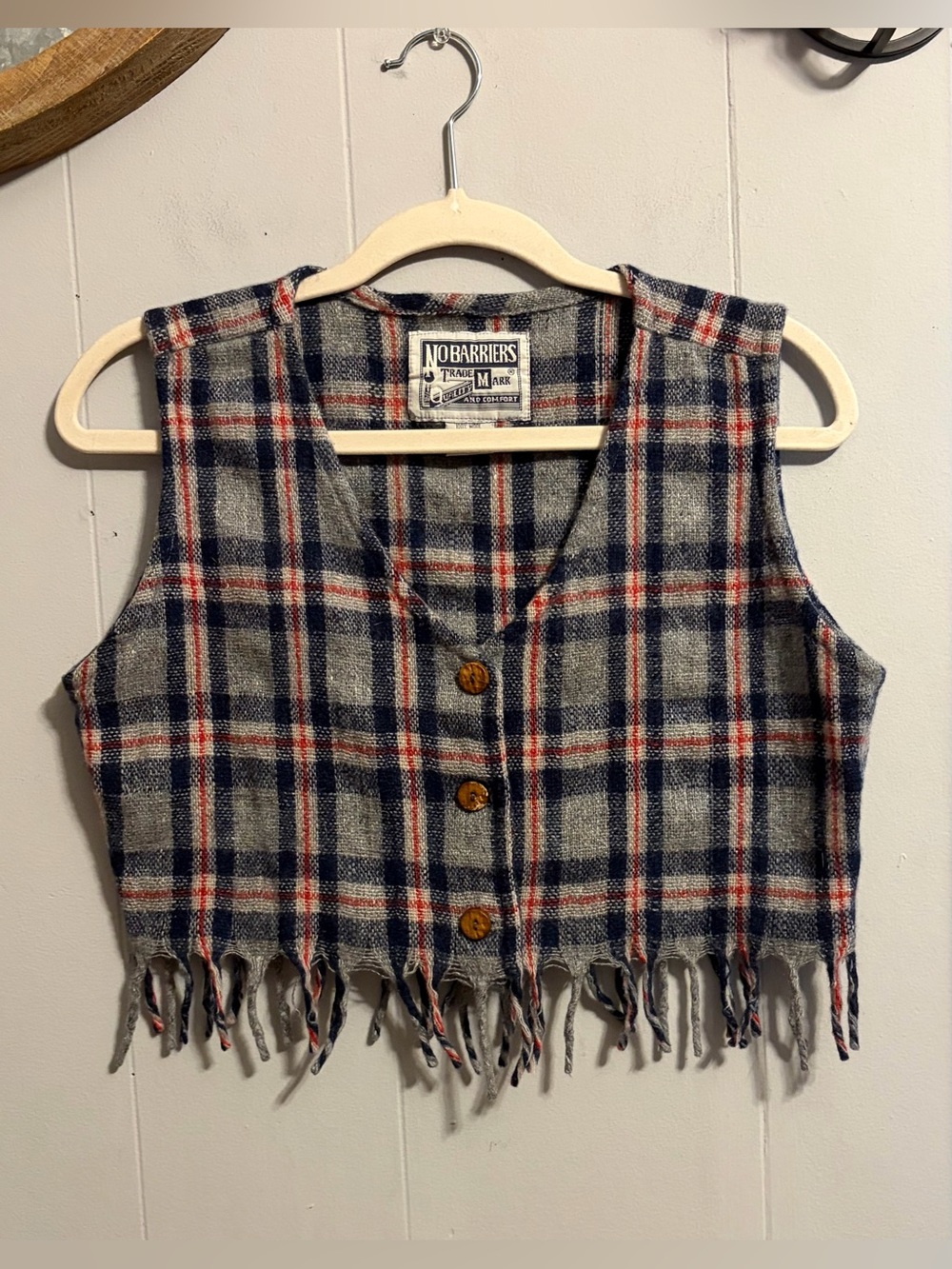 Plaid Fringe Button-Front Women’s Vest - Blue & Gray Vintage Wool